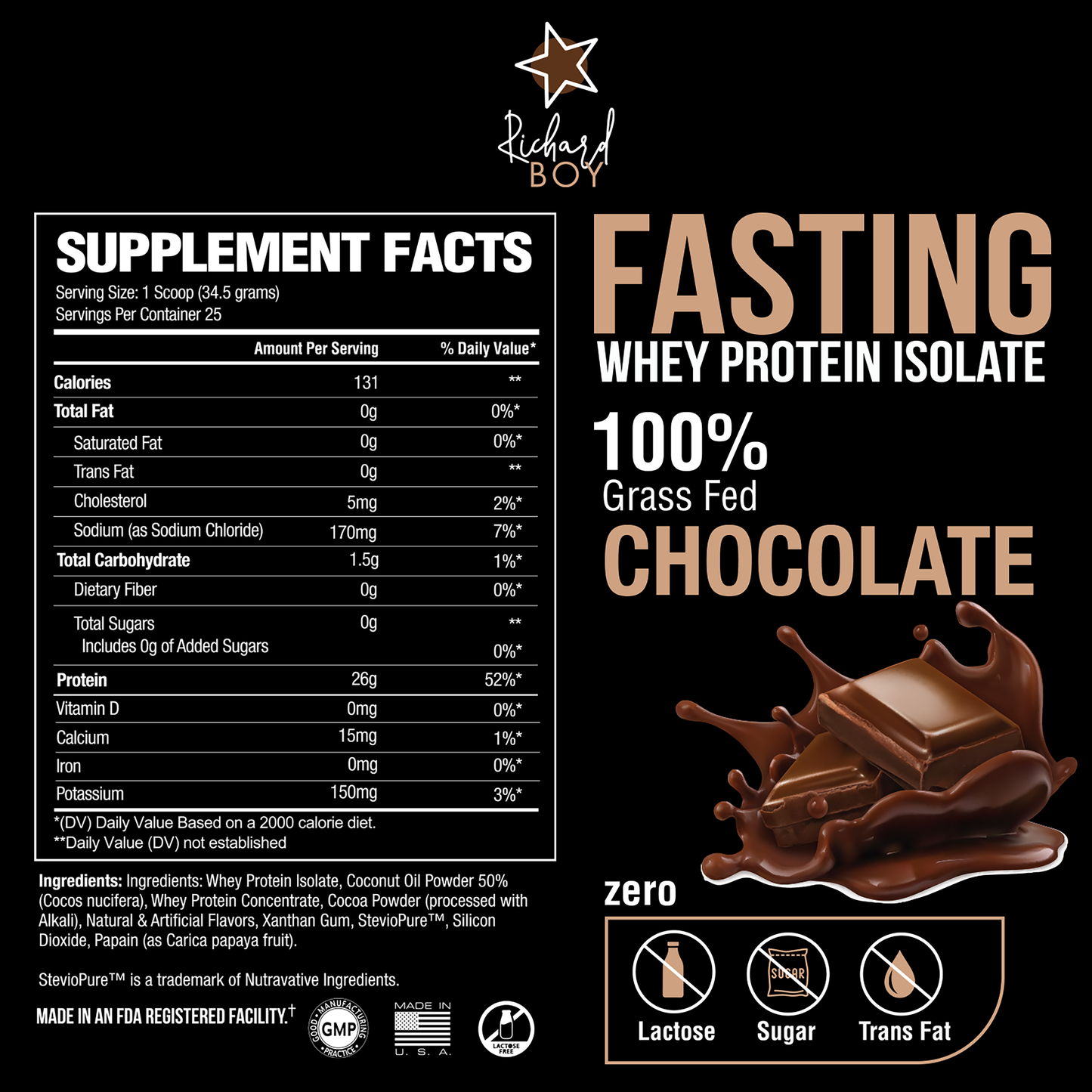 Richard Boy Fasting Whey Protein Isolate Chocolate - 100% Grass-Fed, polvo de proteína natural, sin gluten, enriquecido con aceite de coco - sabor a chocolate