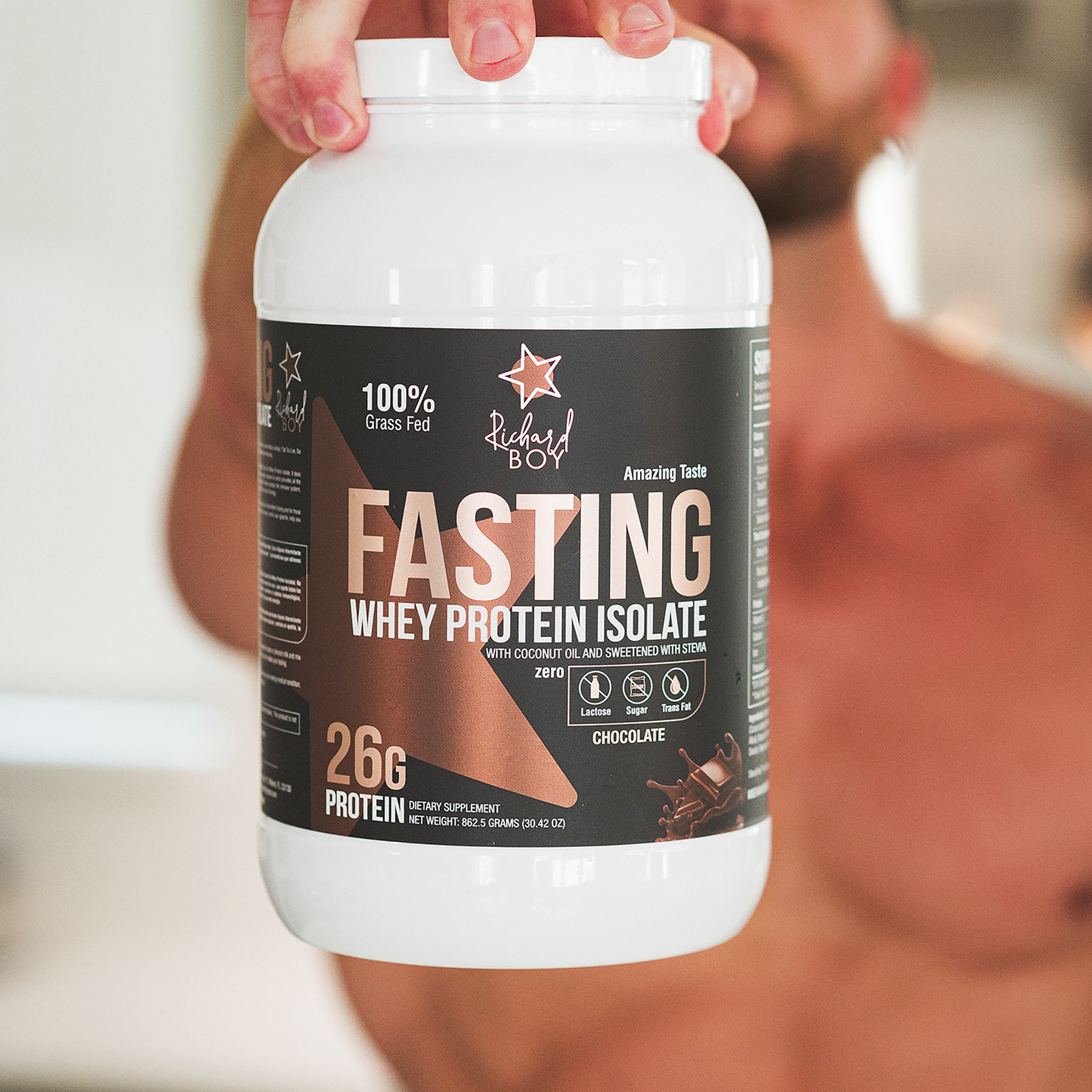 Richard Boy Fasting Whey Protein Isolate Chocolate - 100% Grass-Fed, polvo de proteína natural, sin gluten, enriquecido con aceite de coco - sabor a chocolate