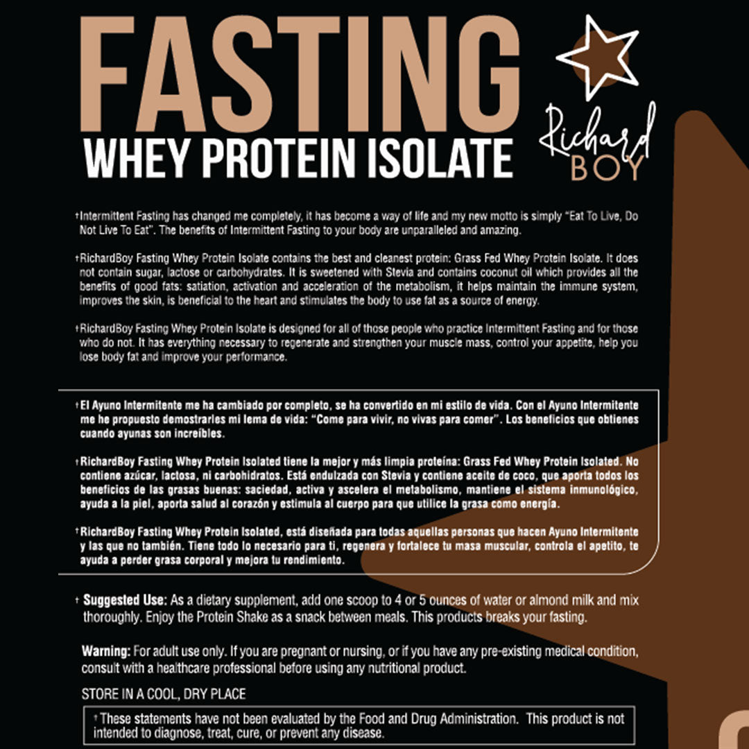 Richard Boy Fasting Whey Protein Isolate Chocolate - 100% Grass-Fed, polvo de proteína natural, sin gluten, enriquecido con aceite de coco - sabor a chocolate
