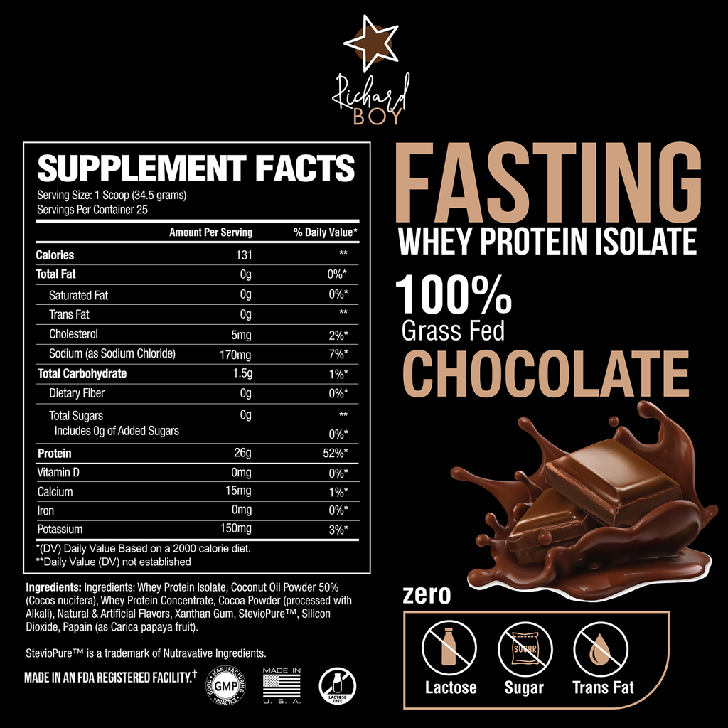 Richard Boy Fasting Whey Protein Isolate Chocolate Flavor- 100% Grass-Fed, Natural Protein Powder, Gluten-Free, Keto, Enriched with Coconut Oil - Chocolate Flavor