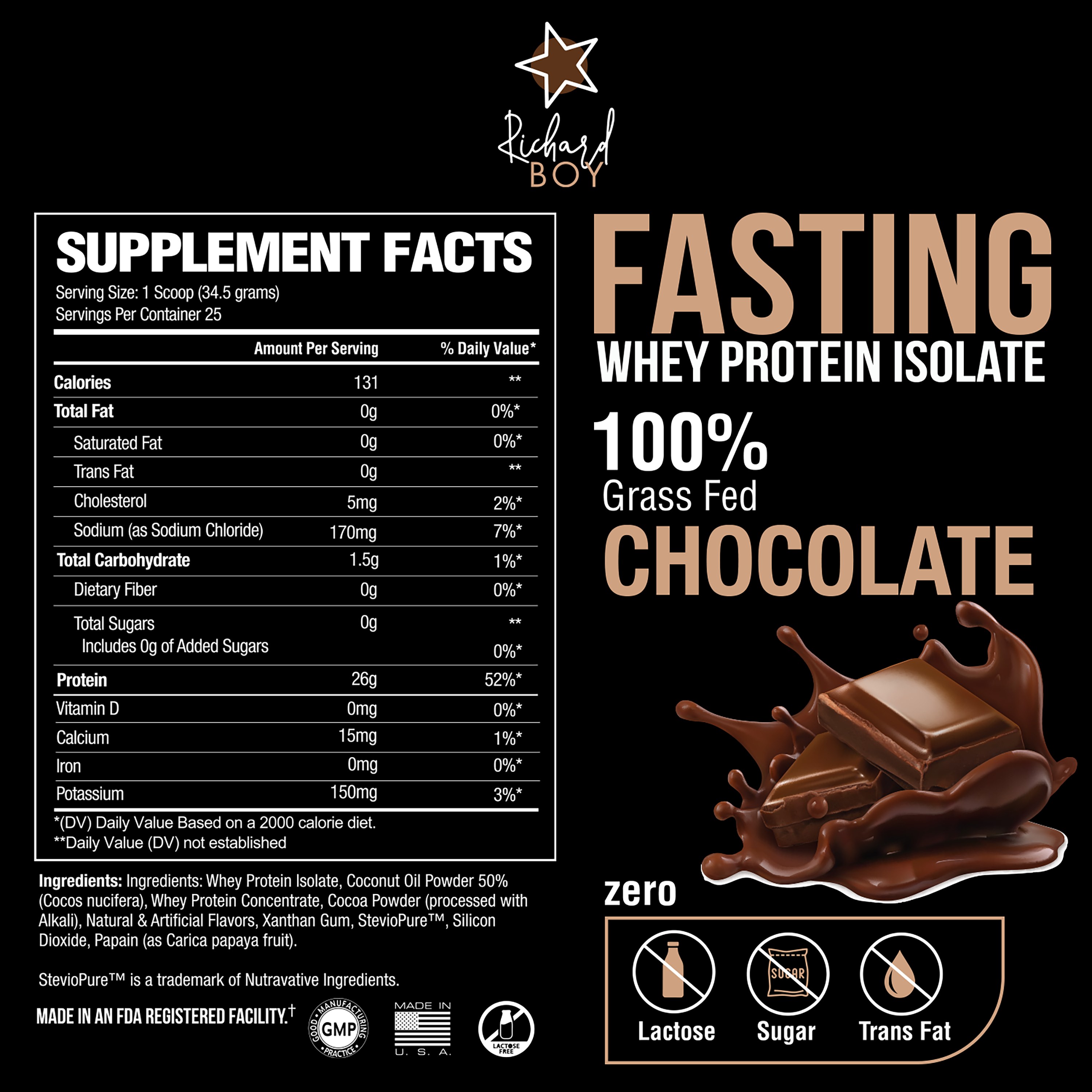 Richard Boy Fasting Whey Protein Isolate Chocolate Flavor- 100% Grass-Fed, Natural Protein Powder, Gluten-Free, Keto, Enriched with Coconut Oil - Chocolate Flavor