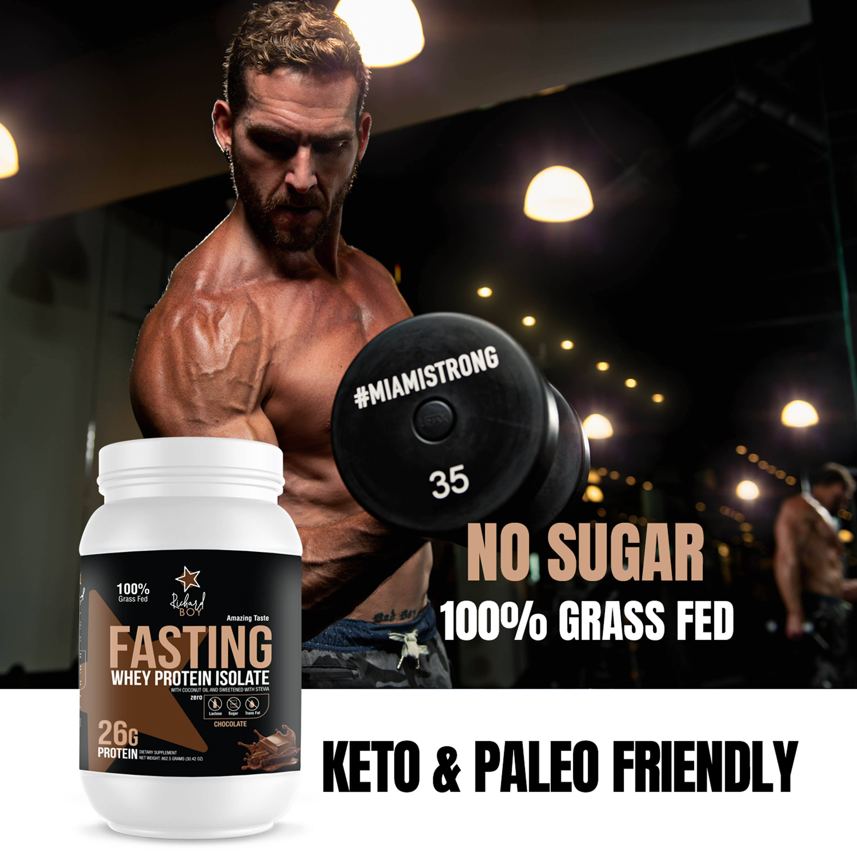 Richard Boy Fasting Whey Protein Isolate Chocolate Flavor- 100% Grass-Fed, Natural Protein Powder, Gluten-Free, Keto, Enriched with Coconut Oil - Chocolate Flavor
