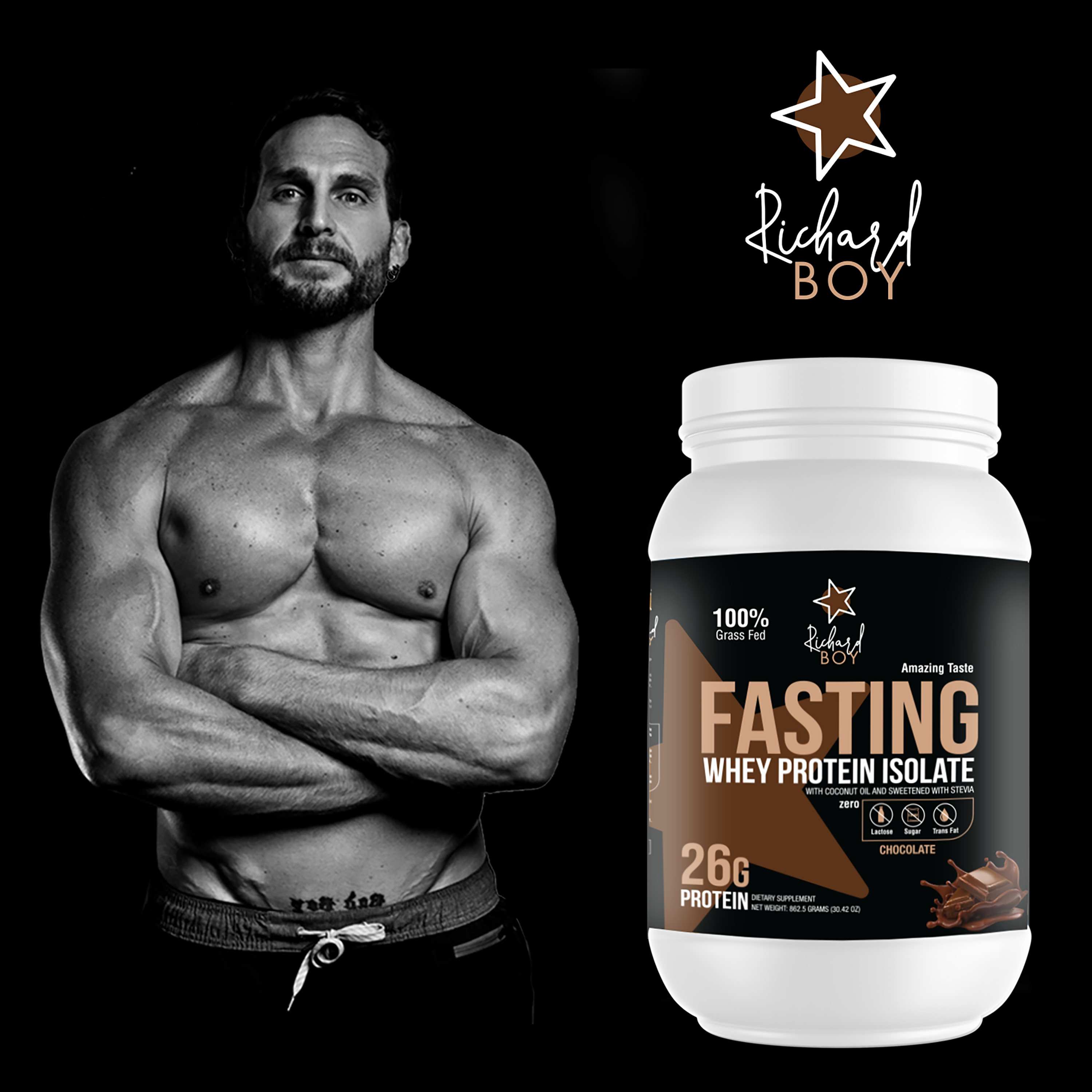 Richard Boy Fasting Whey Protein Isolate Chocolate Flavor- 100% Grass-Fed, Natural Protein Powder, Gluten-Free, Keto, Enriched with Coconut Oil - Chocolate Flavor