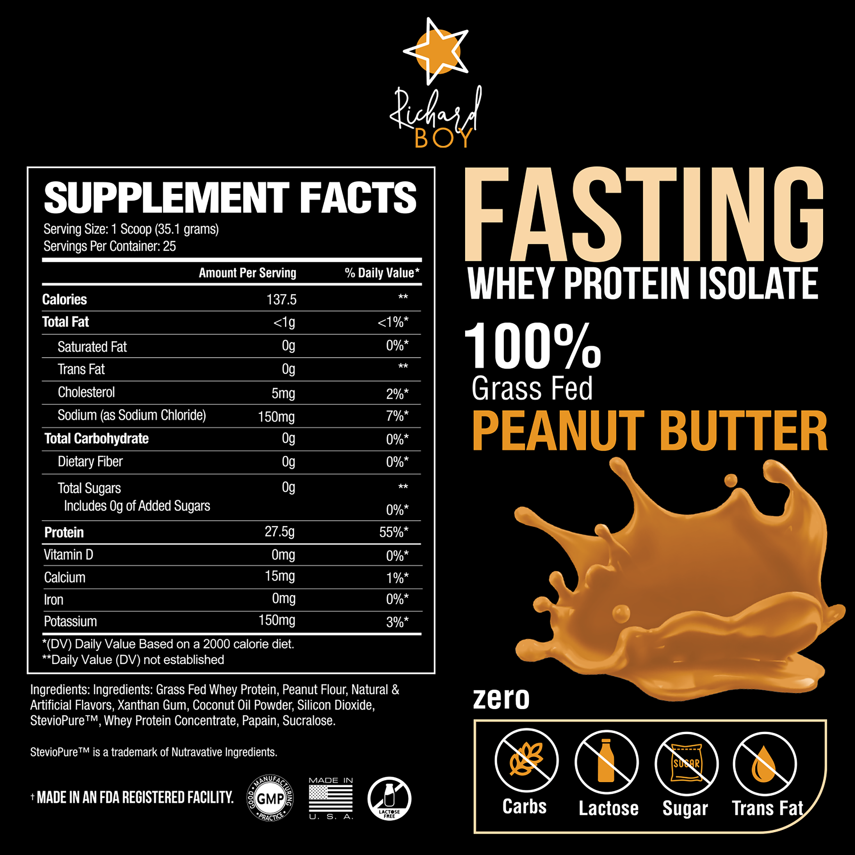 Richard Boy Fasting Whey Protein Isolate - Mantequilla de Maní- 100 % Grass Fed