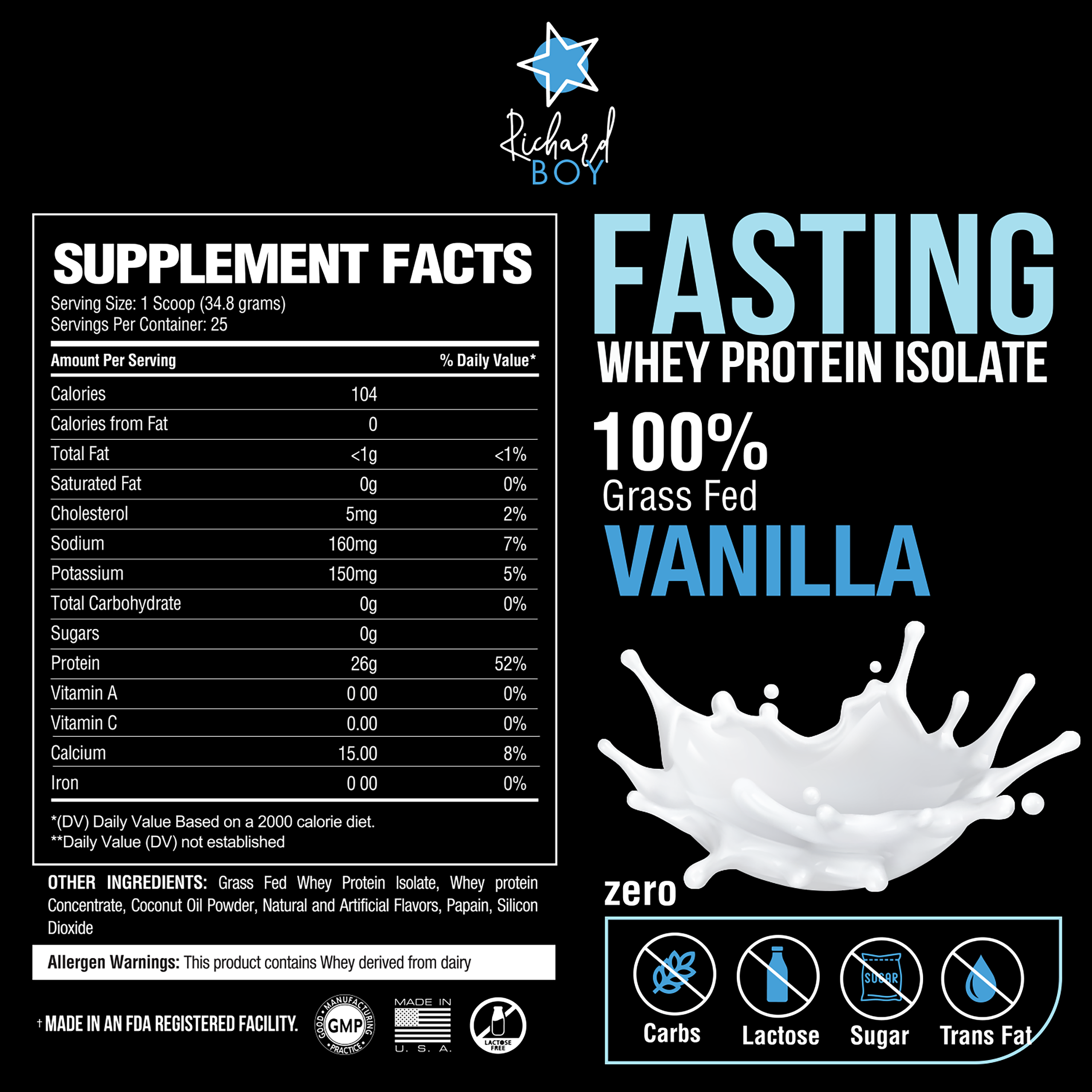 Richard Boy Fasting Whey Protein Isolate -  100% Grass-Fed, Natural Protein Powder - Gluten-Free, Keto - Enriched With Coconut Oil, Vanilla Flavor