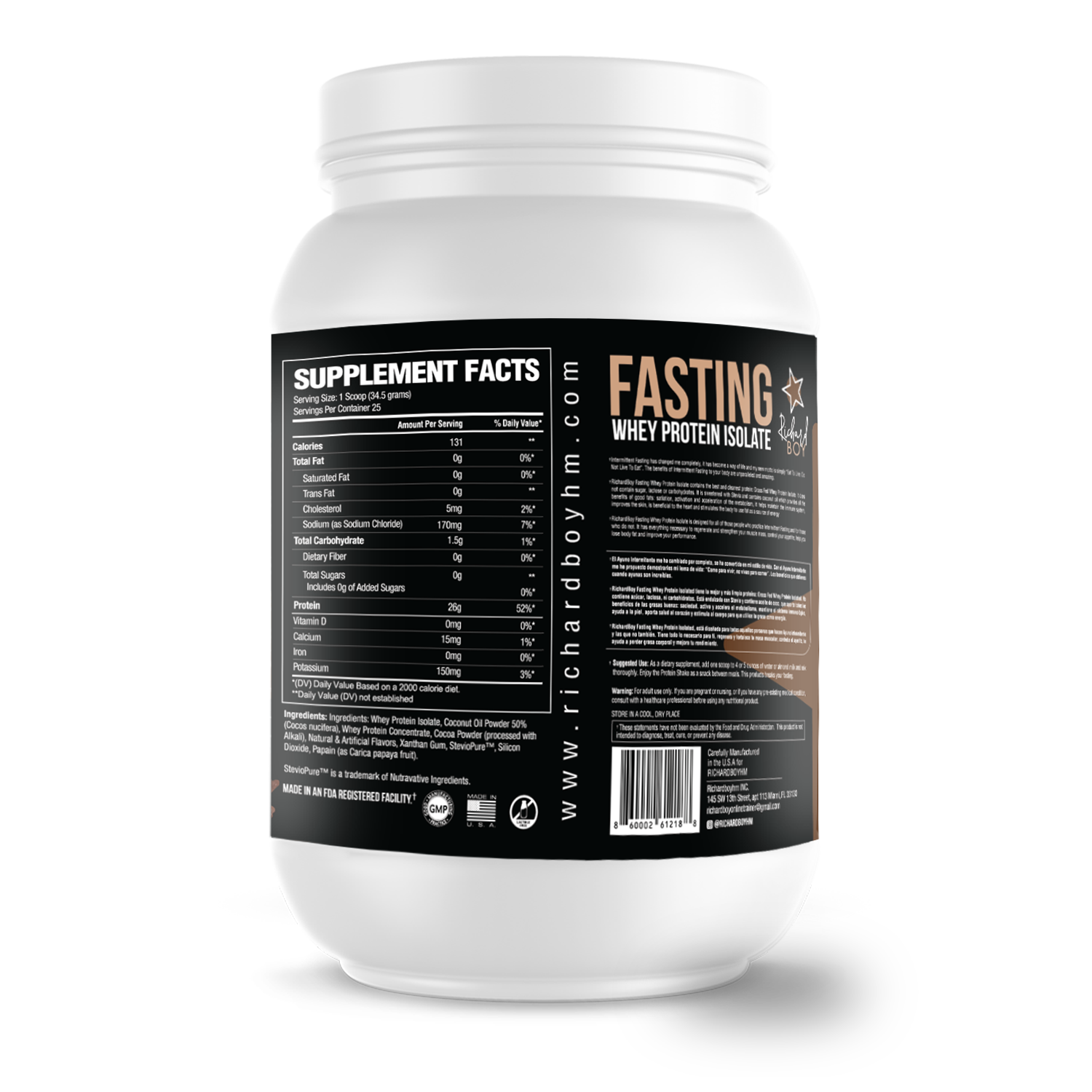 Richard Boy Fasting Whey Protein Isolate Chocolate Flavor- 100% Grass-Fed, Natural Protein Powder, Gluten-Free, Keto, Enriched with Coconut Oil - Chocolate Flavor
