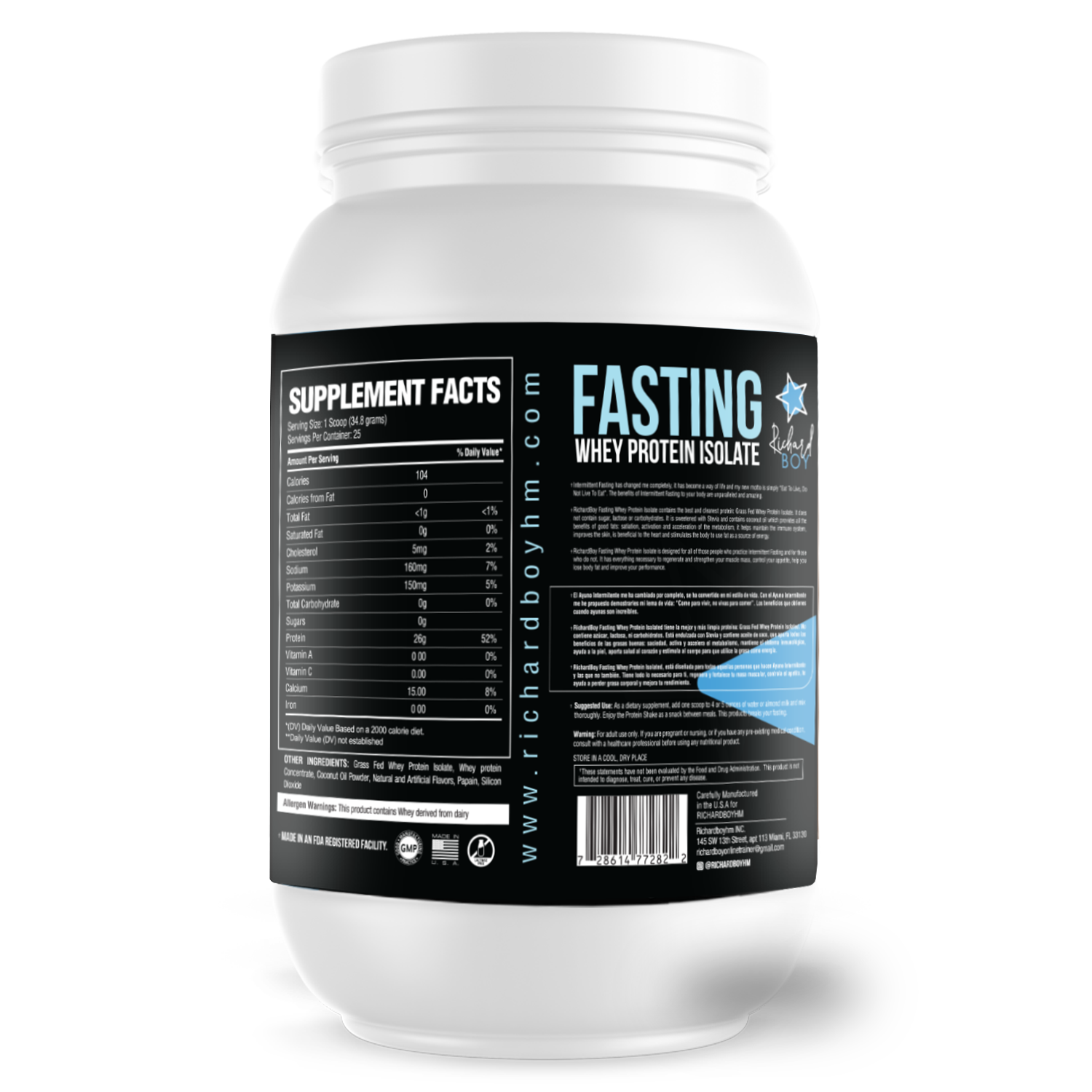 Richard Boy Fasting Whey Protein Isolate -  100% Grass-Fed, Natural Protein Powder - Gluten-Free, Keto - Enriched With Coconut Oil, Vanilla Flavor